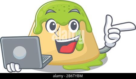 An icon of smart pudding green tea working with laptop Stock Vector