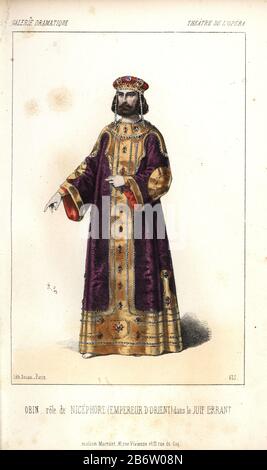 Louis-Henri Obin in the role of Nicephore, emperor of the Orient, in 'le Juif Errant' at the Theatre de l'Opera. Obin (1820-1895) was a French lyric bass singer.  Handcoloured lithograph by Alexandre Lacauchie from 'Galerie Dramatique: Costumes des Theatres de Paris' ca. 1860. Stock Photo