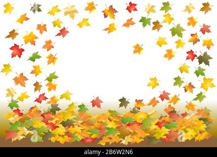 falling maple leaves of green, red, yellow, orange color and different shapes on a white-brown background, autumn background. leaf frame Stock Vector