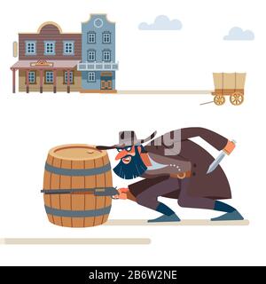 A thug with a dark beard and a snide smile with a rifle and a dagger sneaks up on the victim. The Old Wild West. Cartoon vector illustration. Flat Stock Vector