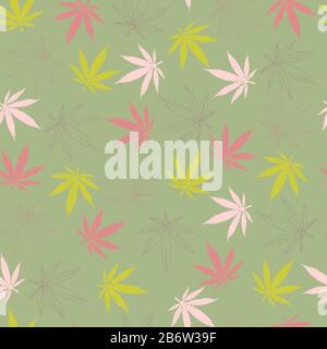 seamless pattern. painted hemp leaves of pink burgundy and light green flowers and the contours of hemp leaves of purple and red on a gray-green backg Stock Vector