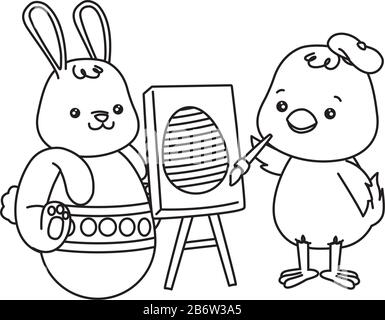 little rabbit and chick painting egg easter characters Stock Vector