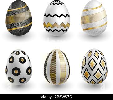 Black white gold Easter eggs with lace patterns on white background. Vector set for holiday Easter card Stock Vector