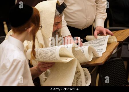 Ultra Orthodox Jew wrapped with traditional religious Talit shawl and Tefillin phylacteries reads the Megillah or the Scroll of Esther during the Jewish festival of Purim in the old city East Jerusalem Israel Stock Photo
