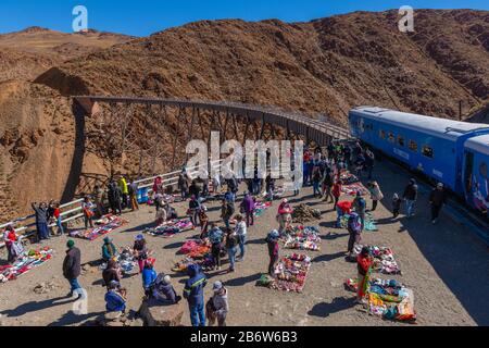 Tren a las Nubes, Train to the Clouds, Viaducto la Polvortilla, Local market at the Porvortilla viaduct, Departamento Los Andes, Salta Province Stock Photo