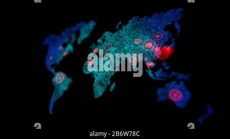3D dot world map with red circle aim target on the map, for futuristic concept, with shallow depth of field effect Stock Photo