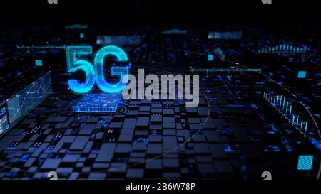 5G and Microprocessor chipset central processor unit on the illumination circuit computer mainboard. Cyber and futuristic concept, hardware, AI, elect Stock Photo