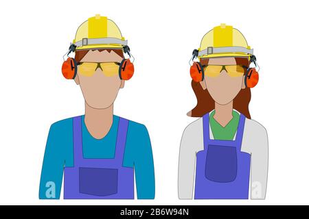 Set color construction workers isolated on white background. Builders with overalls, helmet, safety headphones and glasses. Stock vector illustration Stock Vector