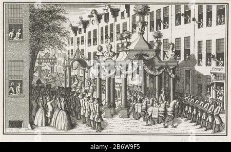 Inhaling van Willem IV als stadhouder te Den Haag, 1747 The inhaling of Prince William IV as governor in the Hague, May 14 1747. the carriage with the prince rides through a triumphal arch in the street. Along the street a guard of honor and publiek. Manufacturer : printmaker: anonymous Date: 1747 Physical features: etching material: paper Technique: etching Dimensions: sheet: H 86 mm × W 140 mm Subject: triumphal entry and public reception, pageant, 'entrée solennelle' 'joyeuse entrée 'Rise of prince William IV to hereditary stadholder (1747) When: 1747-05-12 - 1747-05-12 Stock Photo