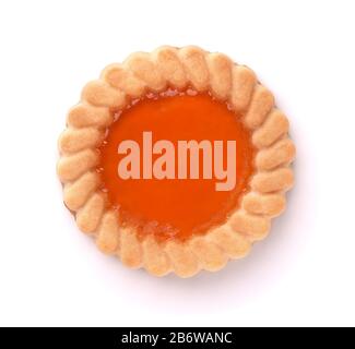 Top view of single fresh round cookie with fruit jam  isolated on white Stock Photo