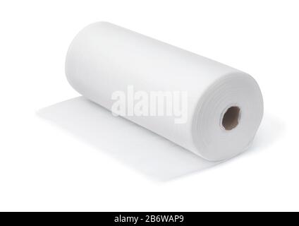 Roll of white disposable nonwoven fabric towels isolated on white Stock Photo