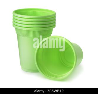 Group of green disposable biodegradable plastic cups isolated on white Stock Photo