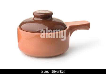 Small single handle ceramic cooking pot isolated on white Stock Photo