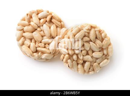 Top view of puffed rice cakes isolated on white Stock Photo