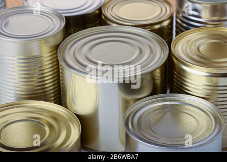 Close up of group of food tin cans Stock Photo