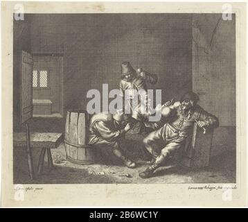 Interieur met rokende en drinkende boeren Three farmers and a woman around a small table in an austere interior. The left farmer is sitting on a chair until processed wood barrel and stops a pipe. The right-hand farmer holds a jug, and a pipe. The farmer behind the woman raises his cup. On the floor are two playing cards and a broken pijp. Manufacturer : printmaker: Lucasz Gerrit van Schagen (listed property) to painting: Adriaen van Ostade (listed building) publisher: Lucasz Gerrit van Schagen (listed property) Place manufacture: Amsterdam Date: 1656 - 1690 Physical characteristics: etching a Stock Photo