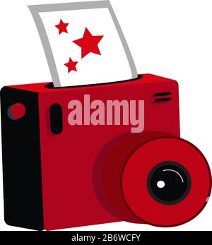 Red camera with picture, illustration, vector on white background. Stock Vector