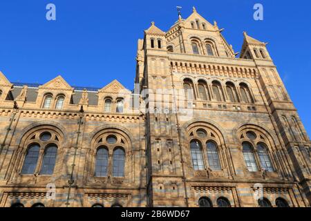Close up of the exterior of the Natural History Museum in Kensington, London, UK. It was designed by Alfred Waterhouse to resemble a grand cathedral. Stock Photo