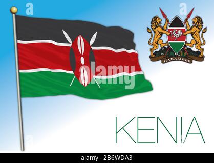 Kenia official national flag and coat of arms, africa, vector illustration Stock Vector