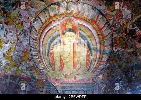 Dambulla, Sri Lanka - February 2020: Buddha painted inside Dambulla cave temple on February 8, 2020 in Dambulla, Sri Lanka. Stock Photo