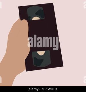 Old video disk in hand, illustration, vector on white background. Stock Vector