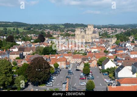 Street and houses in Wells, Somerset, England, taken from the Parish church tower. Stock Photo