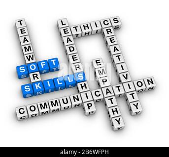Personal Soft Skills Concept Word Cloud. 3D cubes crossword puzzle on white background. Stock Photo