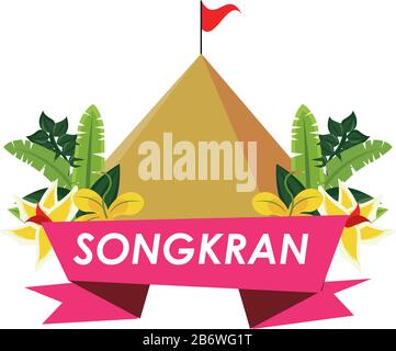 songkran festival ribbon with mountain and flowers Stock Vector