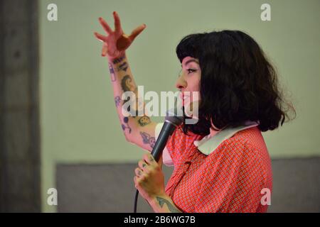 Mexico City, Mexico. 11th Mar, 2020. MEXICO CITY, MEXICO - MARCH 11: Chilean activist and singer Mon Laferte speaks during the opening of her art exhibition “ Gestos “ are exhibited 70 paintings as part of Women's Time Festival for Equality at Museo de la Ciudad on March 11, 2020 in Mexico City, Mexico (Photo by Eyepix Group/Pacific Press) Credit: Pacific Press Agency/Alamy Live News Stock Photo