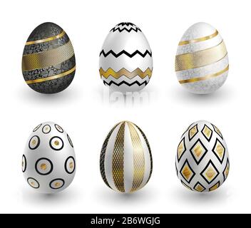 Black white gold Easter eggs with lace patterns on white background. Vector set for holiday Easter card Stock Vector