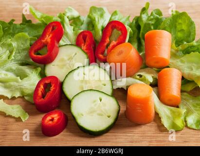 Sliced ?? vegetables (carrot, lettuce, bell pepper, zucchini). Stock Photo