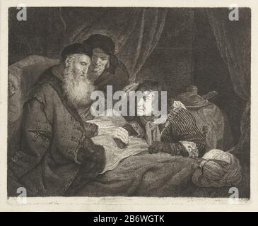 Isaac lying in bed and blesses Jacob, who is kneeling on the bed and ...