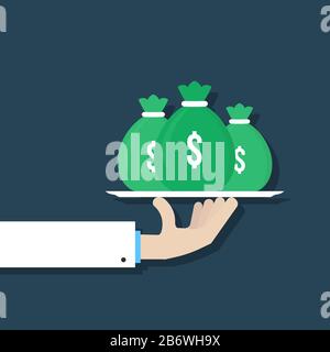 hand holding green money bag on dish Stock Vector