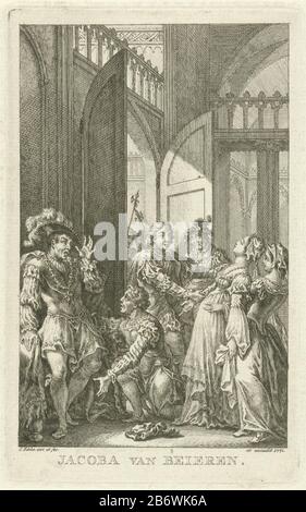 Jacoba van Beieren valt flauw Jacoba van Beieren (titel op object) Jacoba of Bavaria faints at the regarding a male guest. She is captured by a woman who stands behind her. next door left his two noble men in conversation. This print is made for tragedy Jacoba of Bavaria, Countess of Holland and Zeeland Jan de Marre. Manufacturer : printmaker Simon Fokke (listed building) in its design: Simon Fokke (listed building) Publisher: Simon Fokke (listed object) Place manufacture: Amsterdam Date: 1771 Physical features: etching material: paper Technique: etching dimensions: plate edge: h 140 mm × W 87 Stock Photo