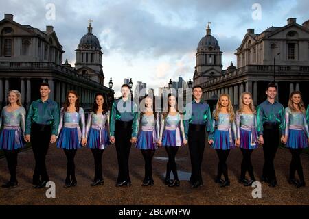 Dancers from Riverdance at the Old Royal Naval College in Greenwich, London, where they have been invited by Tourism Ireland to perform at iconic locations across the capital to celebrate St. Patrick???s Day. Stock Photo