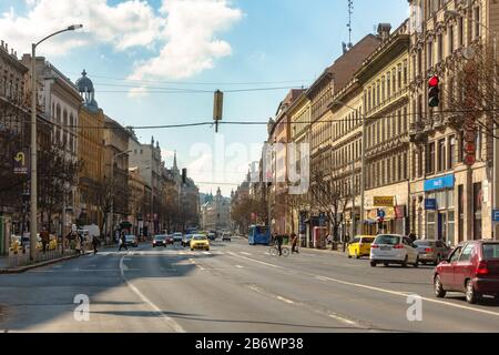 Traffic on Rakoczi Road, one of the busiest streets in Budapest, Hungary Stock Photo