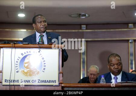 Harare, Zimbabwe. 11th Mar, 2020. Zimbabwe's Finance and Economic Development Minister Mthuli Ncube addresses a press conference in Harare, Zimbabwe, March 11, 2020. The Zimbabwe government on Wednesday introduced a managed floating exchange rate system and set up a Currency Stabilization Task Force as it struggles to contain runaway inflation caused by exchange volatility. Credit: Shaun Jusa/Xinhua/Alamy Live News Stock Photo