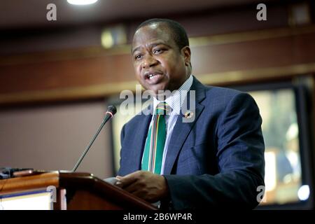 Harare, Zimbabwe. 11th Mar, 2020. Zimbabwe's Finance and Economic Development Minister Mthuli Ncube addresses a press conference in Harare, Zimbabwe, March 11, 2020. The Zimbabwe government on Wednesday introduced a managed floating exchange rate system and set up a Currency Stabilization Task Force as it struggles to contain runaway inflation caused by exchange volatility. Credit: Shaun Jusa/Xinhua/Alamy Live News Stock Photo