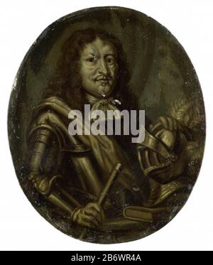 Joan van Paffenrode (1618-73), vrijheer van Ghussigny, toneeldichter, SK-A-4587  Portrait of Joan of Paffen Red (1618-73), Baron of Ghussigny, theater poet. Bust in oval, right. In armor with baton in his right hand, left hand resting on a helmet standing on a book. Part of a collection of portraits of Dutch dichters. Manufacturer : painter: Arnoud van Halen Print Author: Jan van Bergen Haens (copy to) Dated: 1700 - 1732 Physical characteristics: oil on tin material: tin oil Technique: grisaille Dimensions: h 10.6 cm. B × 8.8 cm. D × 0.1 cm.  Subject: portrait of a writer writer, poet, authorW Stock Photo