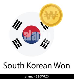 South Korea flag and South Korean Won golden coin. Won currency exchange money icon Stock Vector