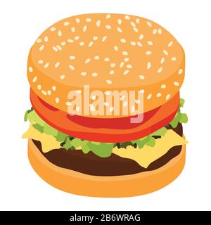 Vector Realistic Hamburger Classic Burger American Cheeseburger with Lettuce Tomato Onion Cheese Beef and Sauce Close up isolated on white Background. Stock Vector