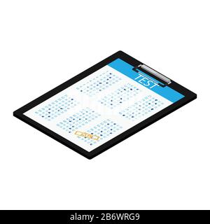 Vector illustration isometric test, exam paper on clipboard. Exam, or survey concept icon. School test. School exam. Stock Vector