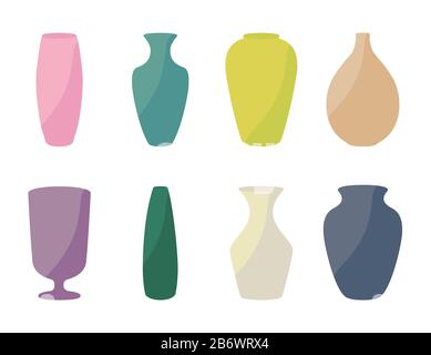 Ceramic vases collection. Colored ceramics vase, antique pottery cups isolated on white vector illustration. Stock Vector