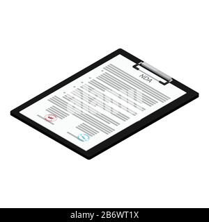 Non-Disclosure Agreement document with stamps isometric view isolated on white background. NDA concept. Stock Vector