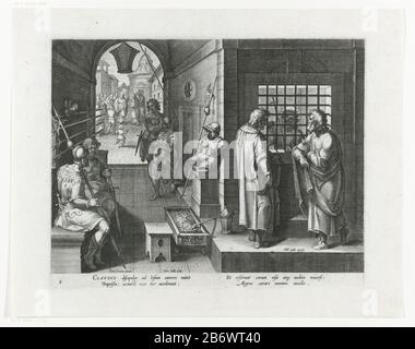 Johannes de Doper in de gevangenis Het leven van Johannes de Doper (serietitel) John the Baptist in prison, behind bars talking with two of his followers. Left the corridor of the prison where: sitting in soldiers and lances on the wall. In the distance the disciples of John the Baptist who joined Christ aansluiten. Manufacturer : printmaker Cornelis Galle (I) (listed building) to design: Stradanus (listed building) publisher: Philip Galle (listed object ) author: Cornelis KiliaanPlaats manufacture: printmaker: Southern Netherlands Publisher: Antwerp Dating: after 1595 - about 1612 Physical fe Stock Photo