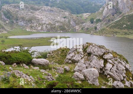 Cangas de Onis, Asturias/Spain; Aug. 05, 2015. Lakes of Covadonga in the Picos de Europa National Park. People walking on the different routes availab Stock Photo