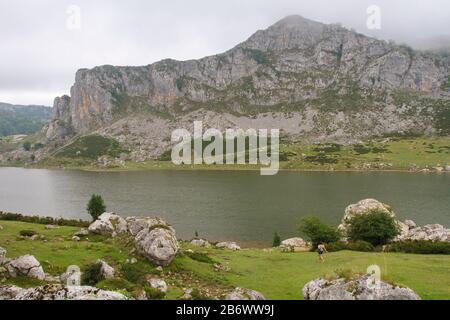 Cangas de Onis, Asturias/Spain; Aug. 05, 2015. Lakes of Covadonga in the Picos de Europa National Park. People walking on the different routes availab Stock Photo