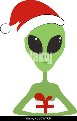 Alien with present, illustration, vector on white background. Stock Vector