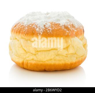 Homemade deep fried doughnut filled with jelly. In slovak: "šiška". In german: "Krepfen". Sprinkled with powdered sugar. Isolated on white background. Stock Photo