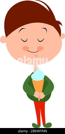 Boy with ice cream, illustration, vector on white background. Stock Vector